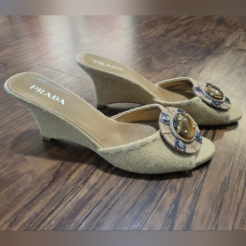 Prada Tiger Eye Embellished Tweed Wedge Heels - Picture 4 of 7